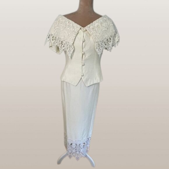 Jessica McClintock Dresses & Skirts - Jessica McClintock Vintage 90’s Ivory Lace Pearl Skirt Suit Bridal Shower Medium